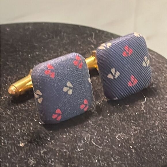 1” gold tone cuff links w/blue Damask fabric red white Fleur de Lis bullet back - Picture 5 of 11